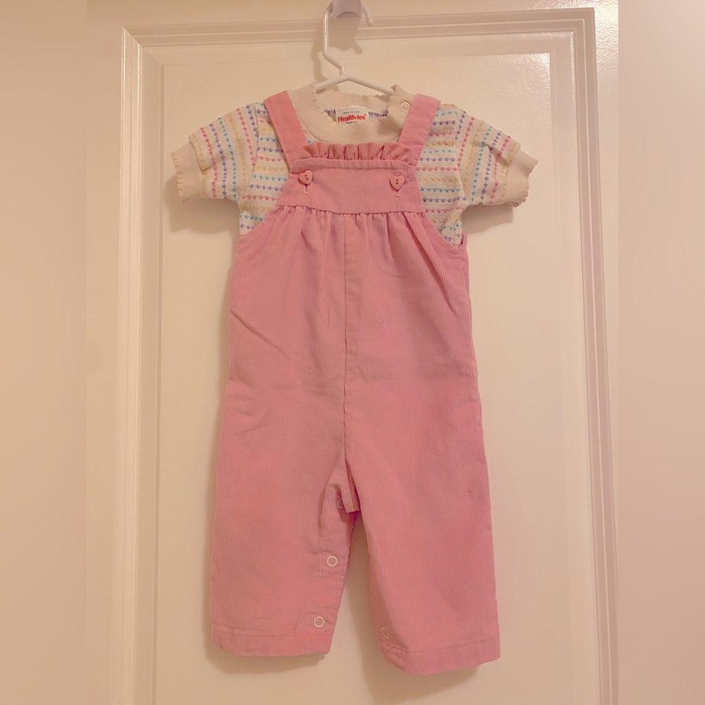 Vintage Healthtex Overalls Corduroy Ruffle with Matching Stripe Shirt